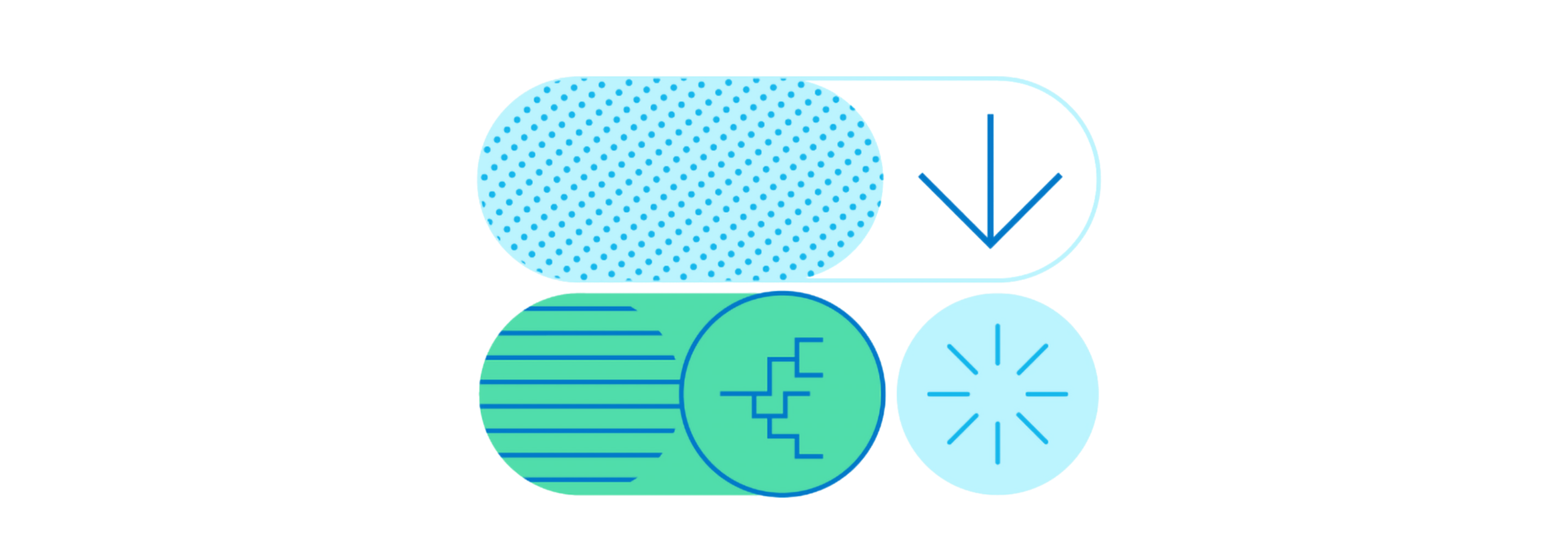 Blue and green patterns and symbols against a white background.